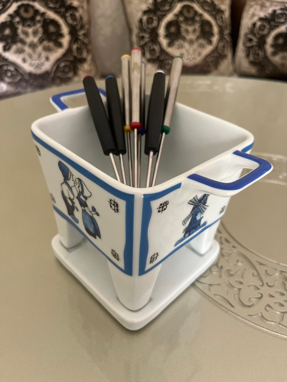 Delfts Blauw Fondue Set met Vorkjes - Nieuwstaat, Overige typen, Ophalen of Verzenden, Zo goed als nieuw, Steen/keramiek