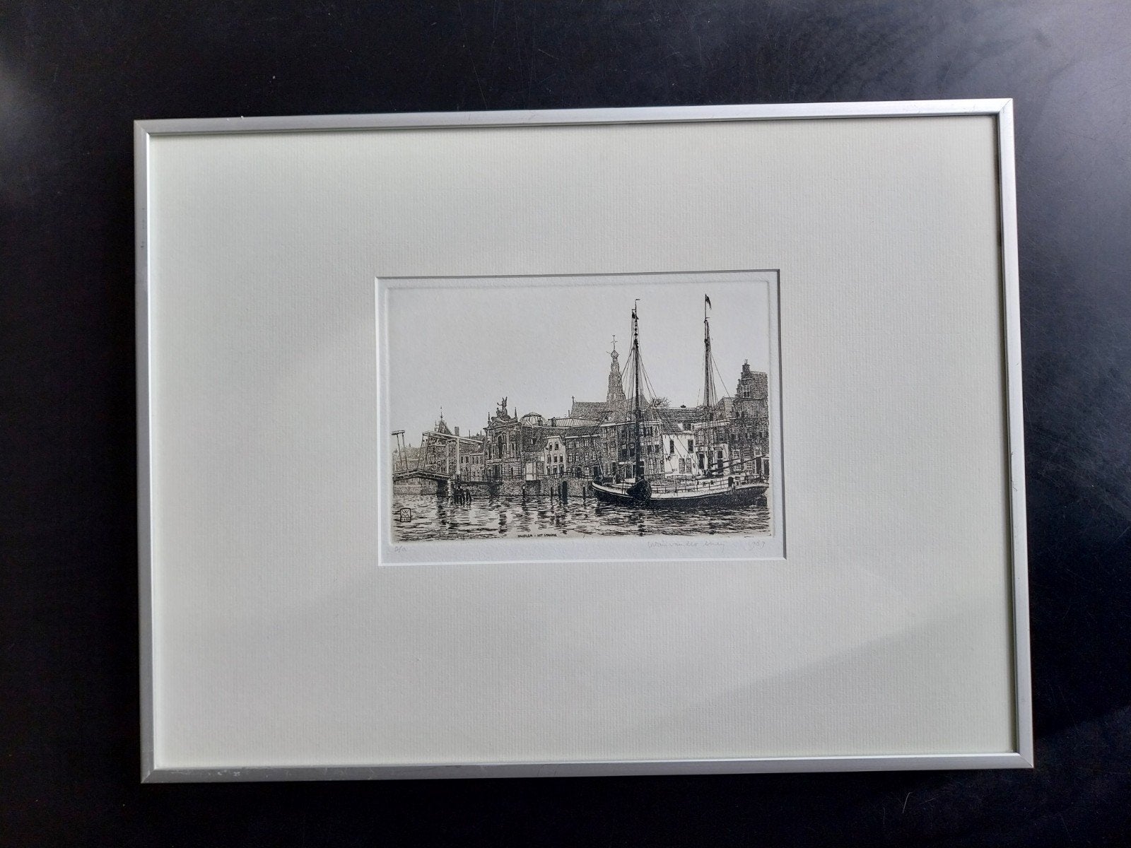 mooie ets v Wim van der Meij, Haarlem het Spaarne, 1989, 30 cm, 40 cm, 1950 - 1999, Ets