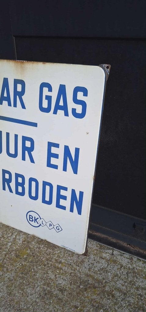 Emaille tekstbord, verbodsbord Brandbaar Gas, Langcat Bussum, Reclamebord, Gebruikt, ., Ophalen of Verzenden