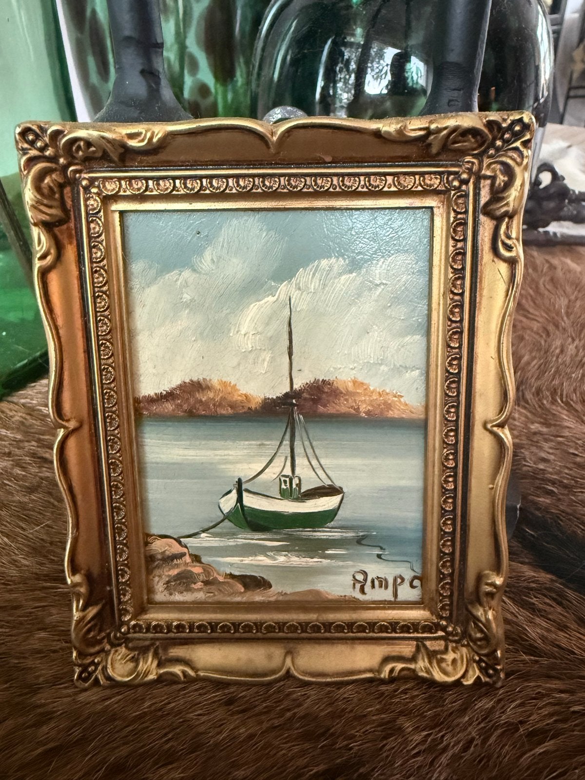 Klassiek schilderij: Zeilboot op water in gouden lijst, Verzenden, Gesigneerd, Olieverf, Klassiek