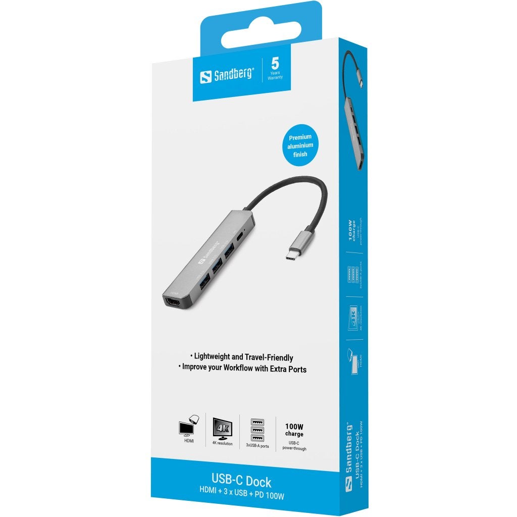 USB-C Dock HDMI+3xUSB+PD 100W, Docking station, Verzenden, Nieuw, Sandberg