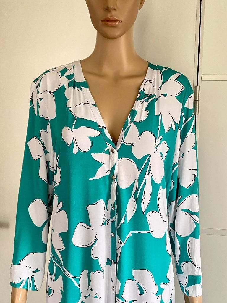 K194 Claudia Strater 44=L lange blouse-jurk groen/blauw/wit, Blauw, Maat 42/44 (L), Ophalen of Verzenden, Zo goed als nieuw