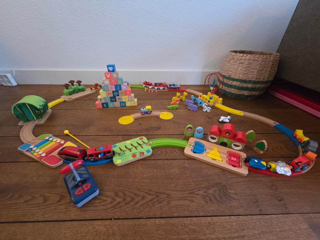 Hape houten treinbaan set met elektrische Lidl trein, Ophalen, Zo goed als nieuw, Afstandsbediening