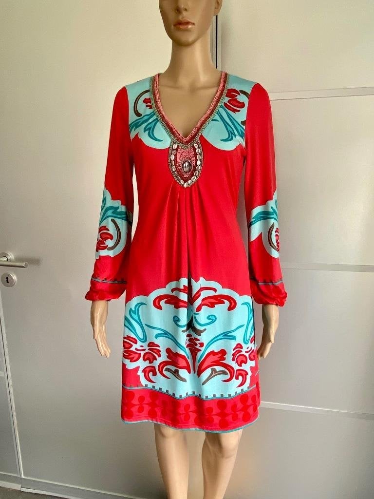 J352 K-Design maat XS=34 jurk jurkje rood/blauw, Kleding | Dames, Ophalen of Verzenden, Zo goed als nieuw, Knielengte, K design