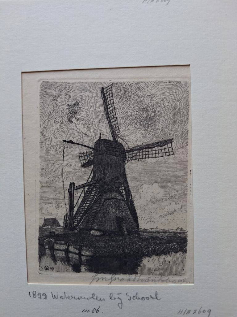 Ets watermolen Schoorl, Antiek en Kunst, Kunst | Etsen en Gravures, Ophalen of Verzenden