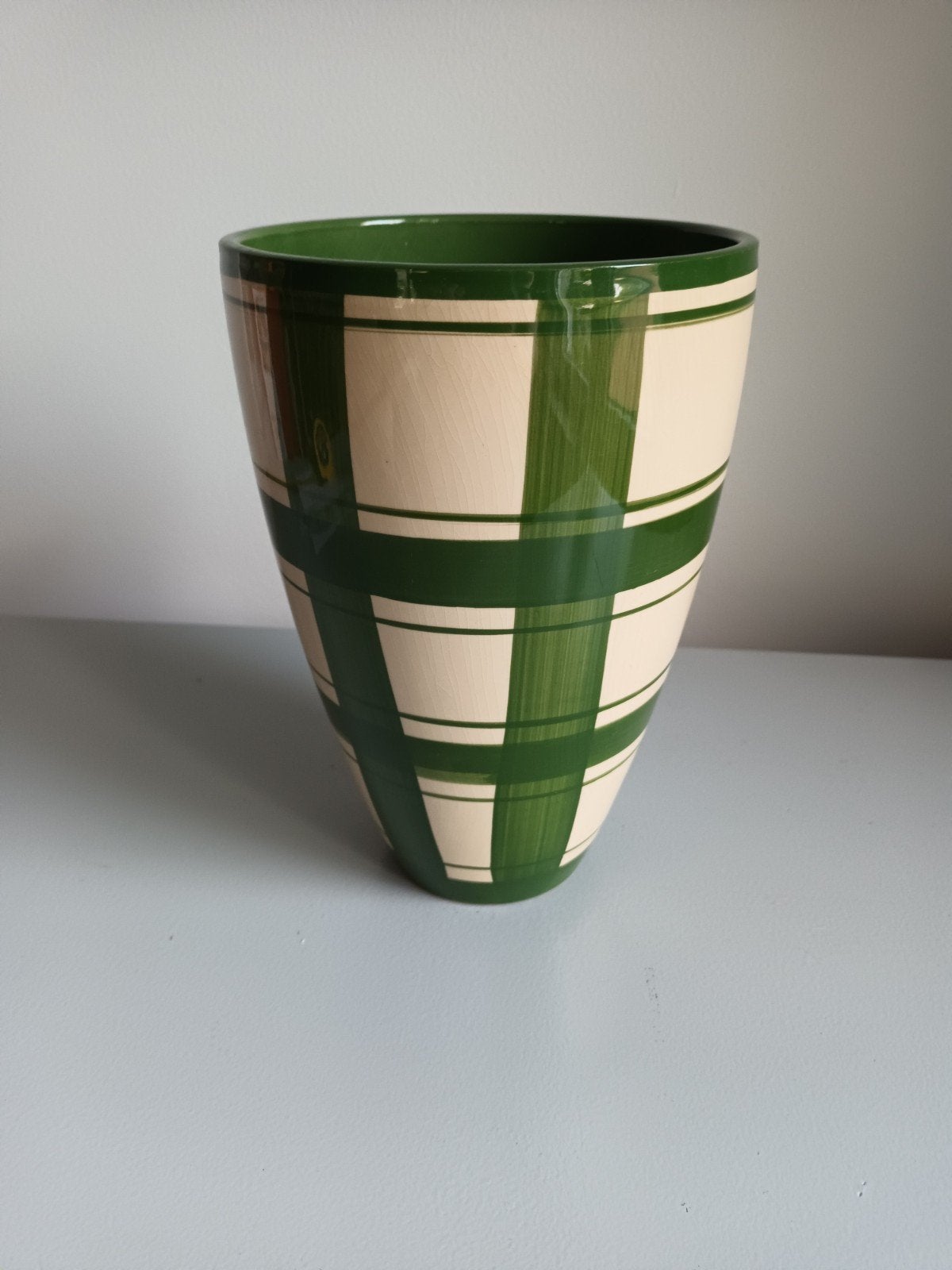 Bloempot pot vaas groen creme geruit gestreept ong 21cm hoog, Gebruikt, Rond, Binnen, Ophalen of Verzenden