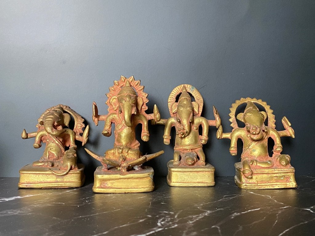 Partij Set van 4 vergulde bronzen Ganesha beelden, Ophalen of Verzenden, Zo goed als nieuw, Beeld(je), Hindoeïsme