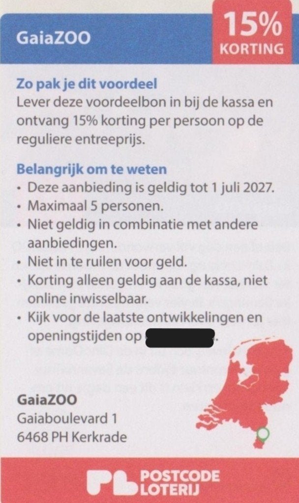 GaiaZoo Kerkrade. € 4,50 korting p.p. Postcodeloterij bon., Tickets en Kaartjes, Drie personen of meer, Kortingskaart