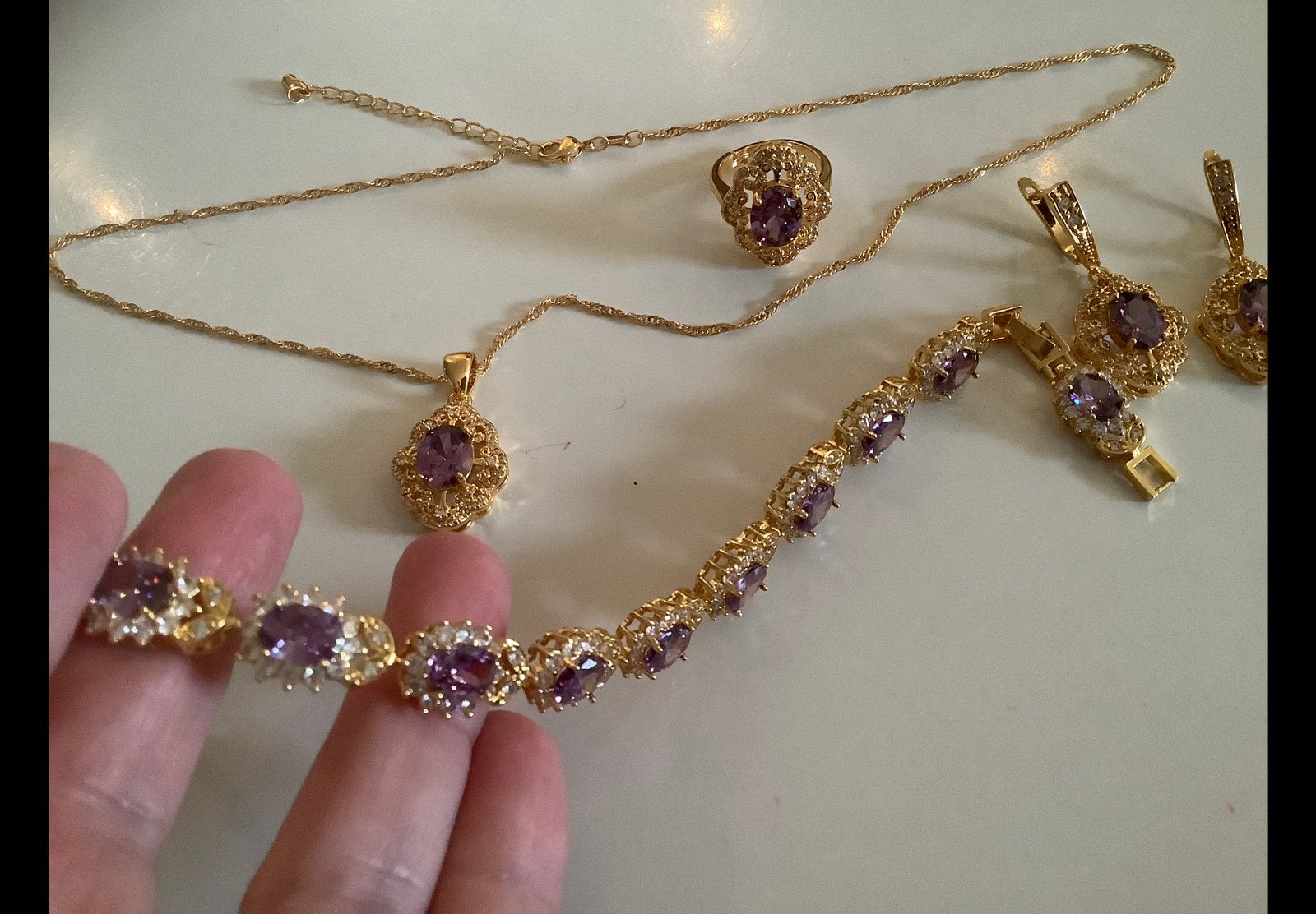 Nieuw set armband ketting hanger oorbellen ring 18 k GP, Sieraden, Tassen en Uiterlijk, Armbanden, Verzenden, Nieuw, Goud, Overige materialen