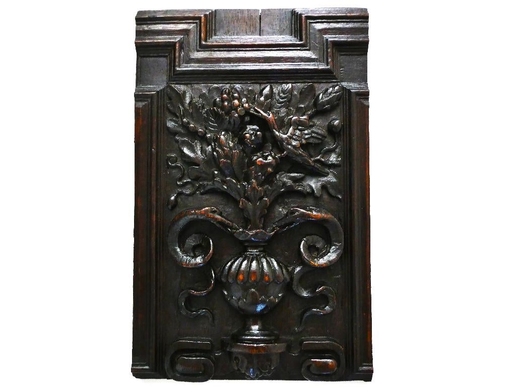 Decoratief paneel houtgesneden met vaas 2 slangen en vogel, Ophalen of Verzenden
