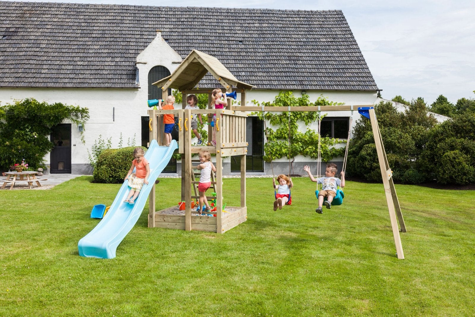 Speeltoestel Speeltoren Pagoda, glijbaan en schommel aanbouw, Ophalen of Verzenden, Nieuw, Schommel
