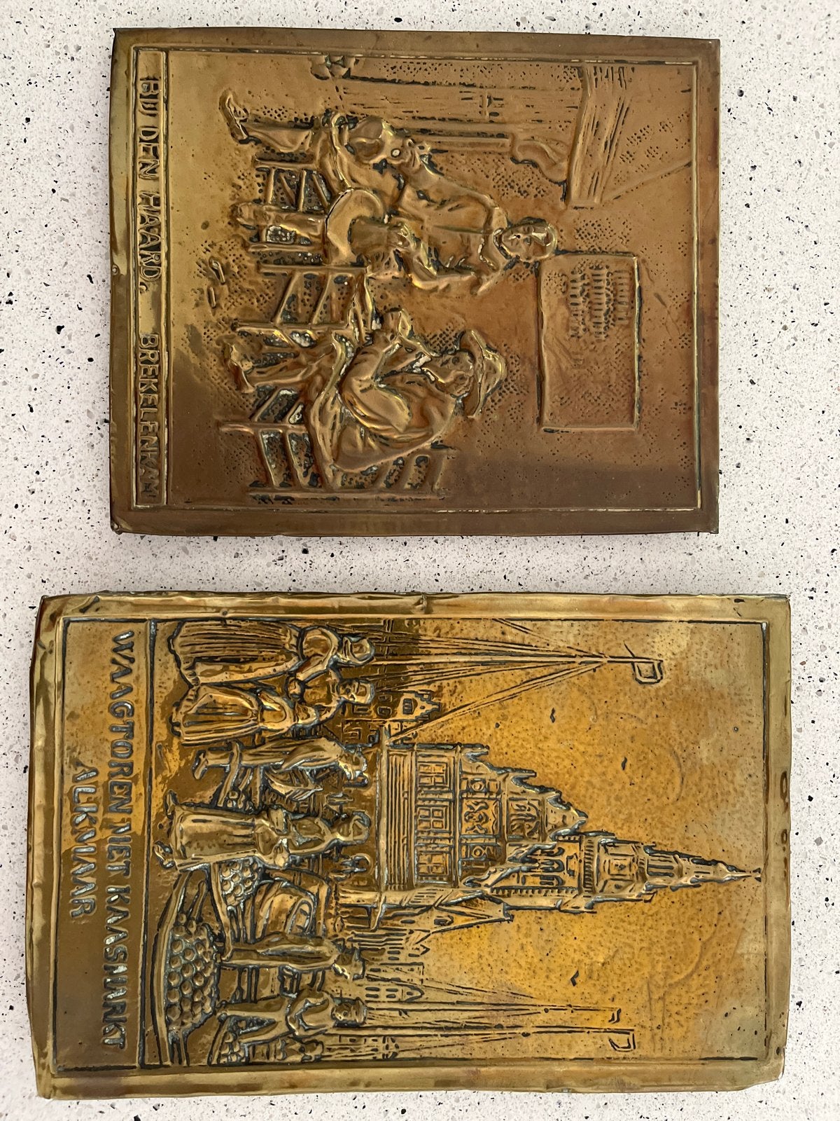Set van 2 antieke koperen/bronzen wandplaten, Ophalen of Verzenden, Koper