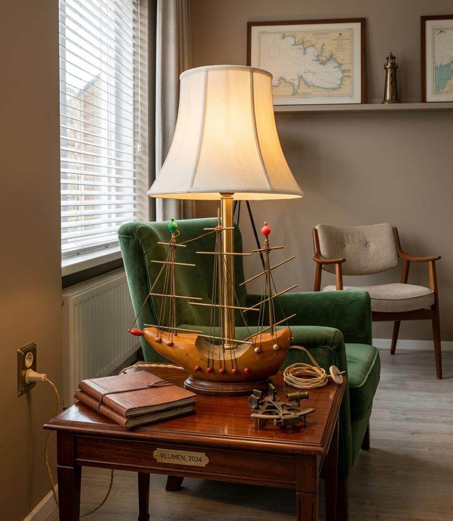 vintage klomp met een zeiltje lamp van hout, Ophalen of Verzenden, Gebruikt, Hout, Minder dan 50 cm