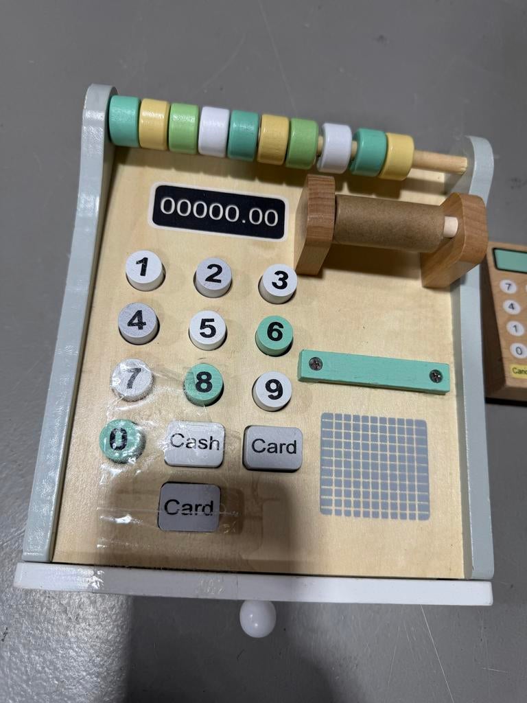Houten kassa met telraam en rekenmachine, Ophalen of Verzenden, Gebruikt, Rekenen