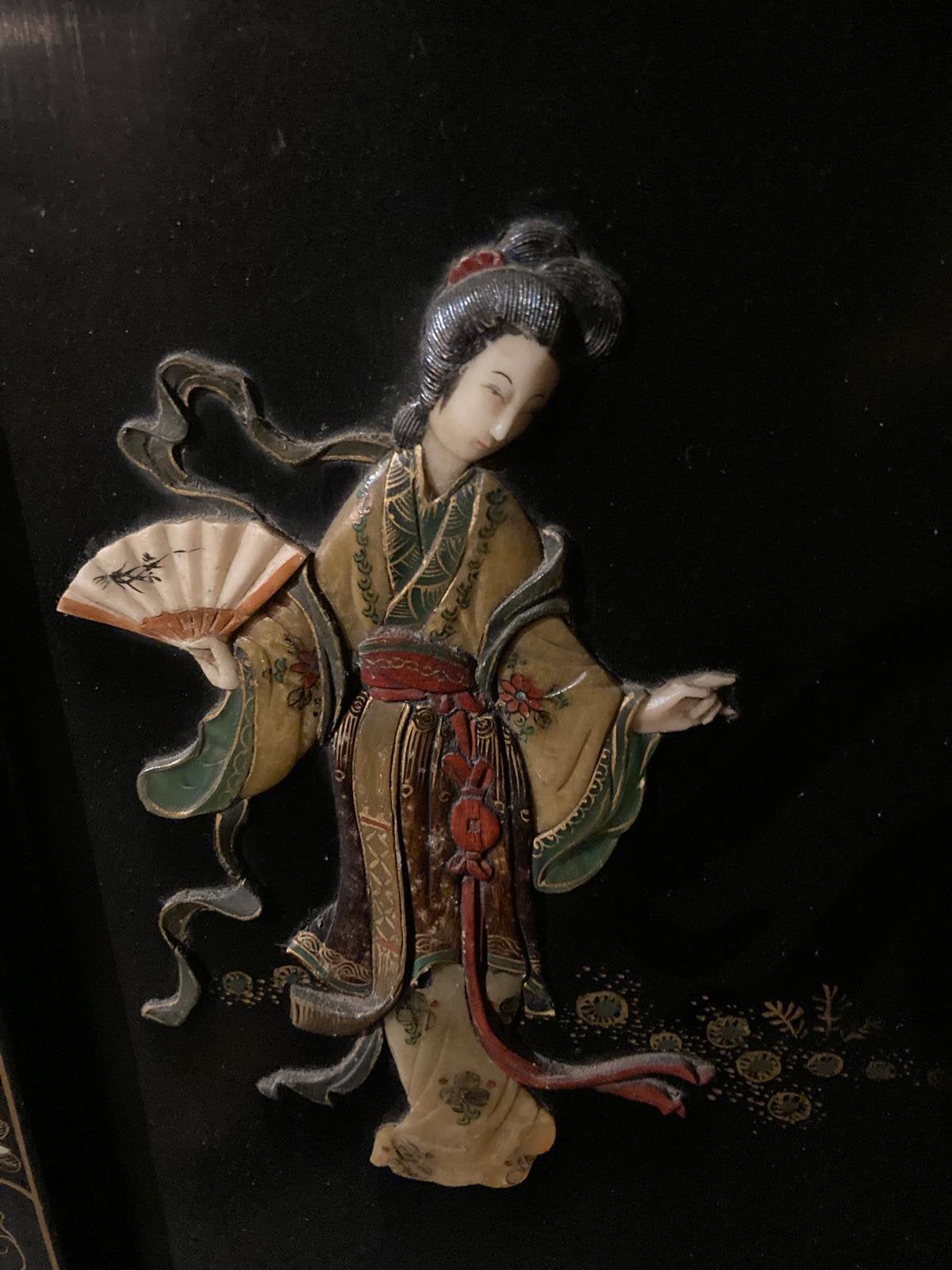 Exclusief Chinees zwartlak kamerscherm met half edelsteen., Overige typen, Handgemaakt, China, 122 cm