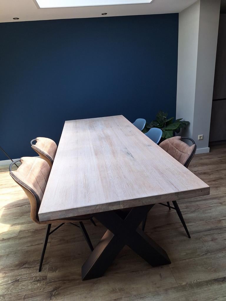 Grote industriële eettafel 260 cm met whitewash blad, Huis en Inrichting, Tafels | Eettafels, Ophalen, 200 cm of meer, Zo goed als nieuw