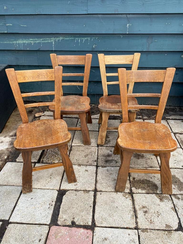 Set van 4 robuuste houten eetkamerstoelen, Huis en Inrichting, Stoelen, Ophalen, Gebruikt, Bruin, Vier