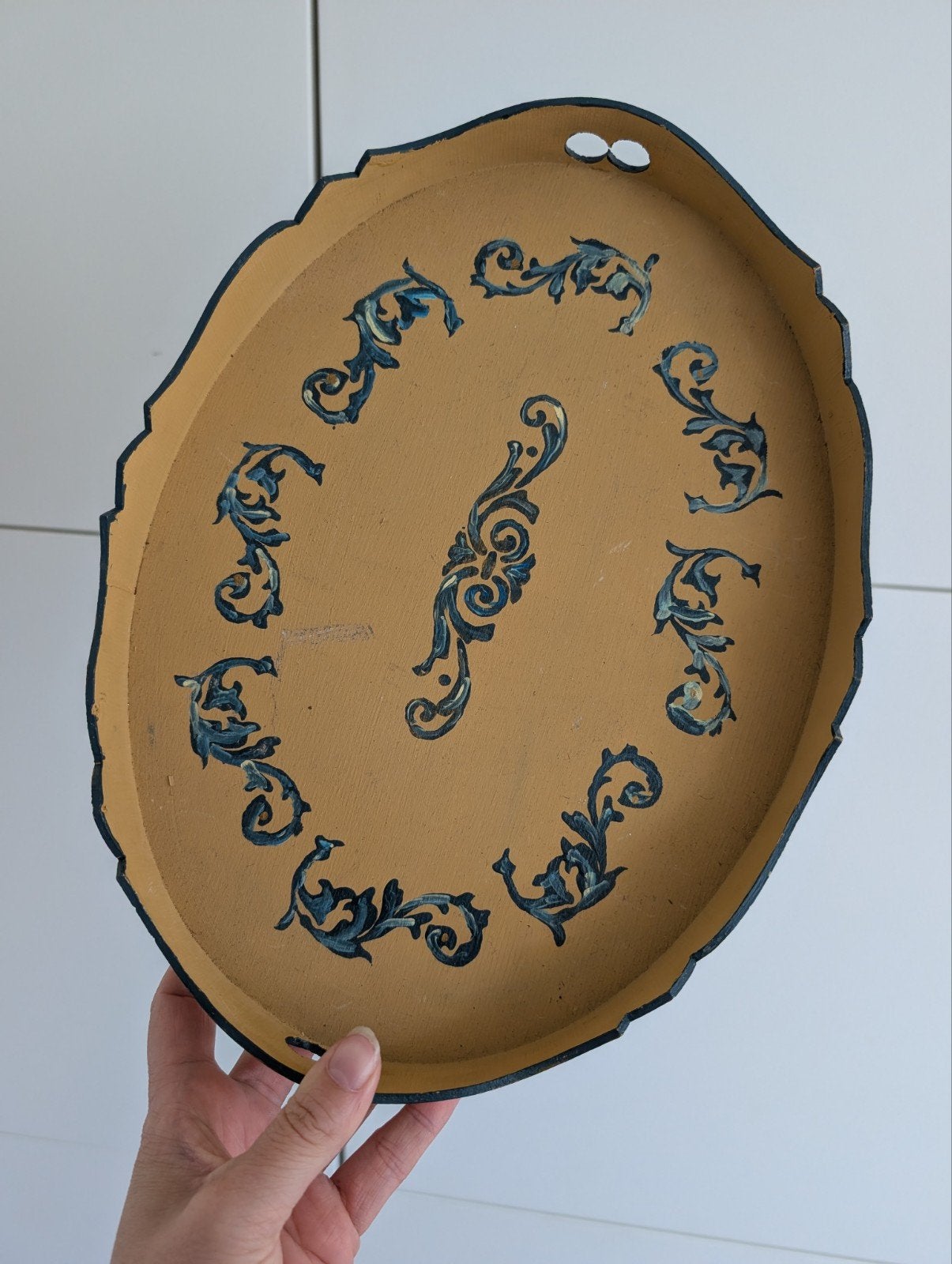Handgeschilderd ovaal dienblad, Huis en Inrichting, Ophalen, Gebruikt, Handgemaakt, Dienblad