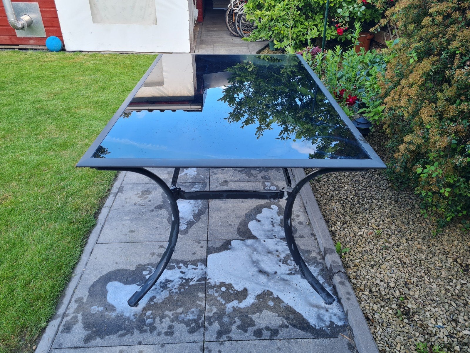 Tuintafel met glasplaat, Ophalen of Verzenden, Gebruikt, Rechthoekig, Aluminium