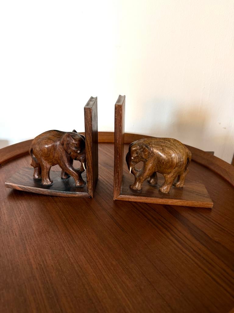 2x vintage teakhouten Olifanten boekensteunen ‘60, Ophalen of Verzenden, Zo goed als nieuw