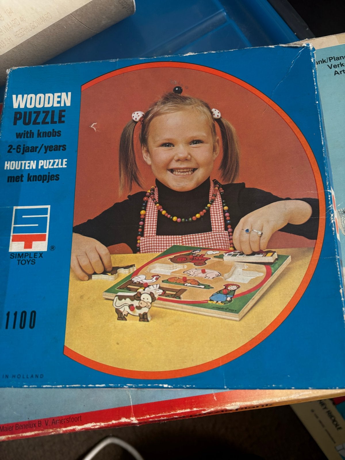 Vintage Simplex Houten Puzzel met Knopjes (ca. 1973), Kinderen en Baby's, Speelgoed | Kinderpuzzels, Gebruikt, 2 tot 4 jaar, Minder dan 10 stukjes