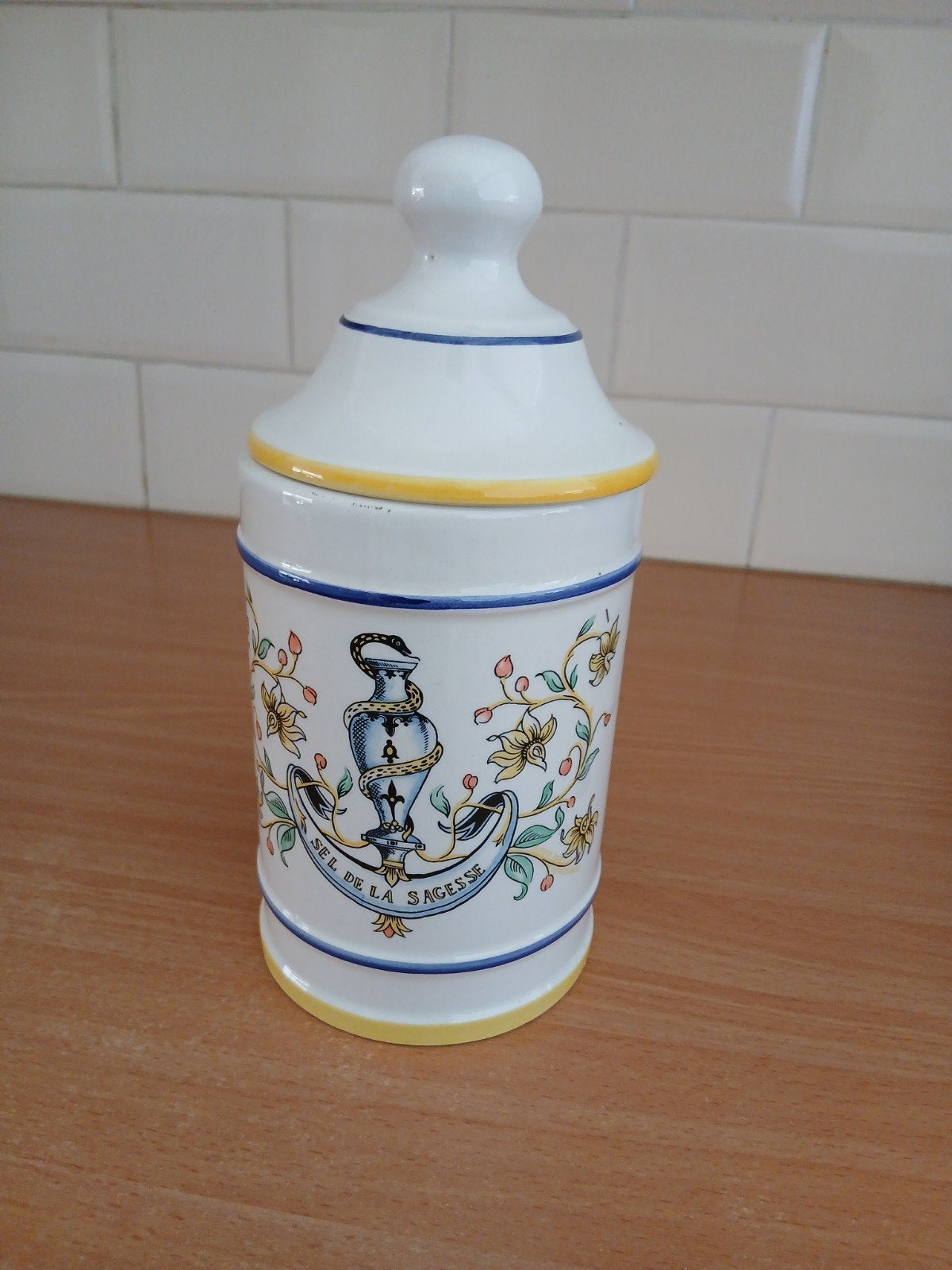 Franse apotheek pot opschrift zout der wijsheid met deksel, Antiek en Kunst, Ophalen of Verzenden