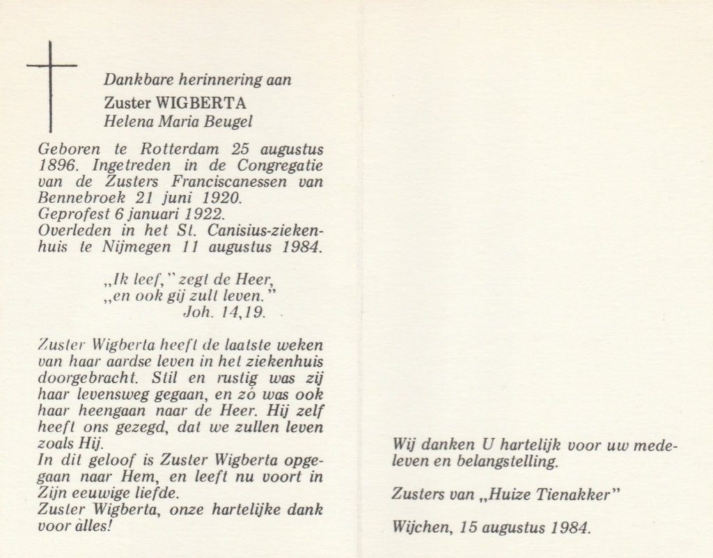 zuster beugel-rotterdam-nijmegen 1984, Ophalen of Verzenden, Bidprentje