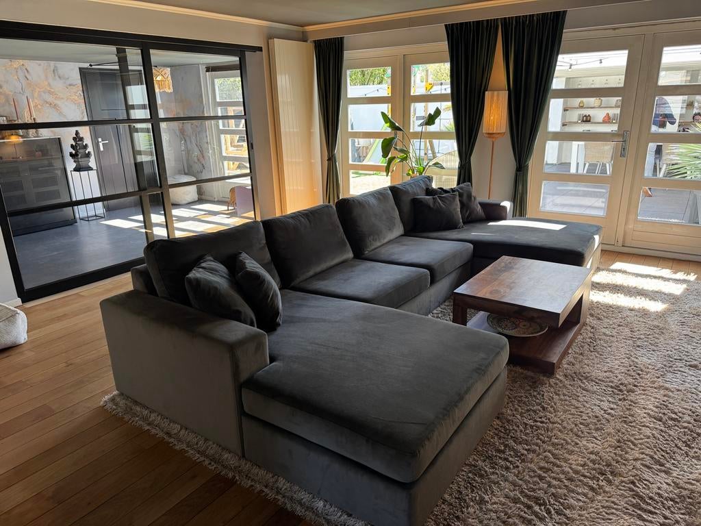 Mooie antracietgrijze velvet u-bank, z.g.a.n., Ophalen, Hoekbank, 300 cm of meer, Zo goed als nieuw