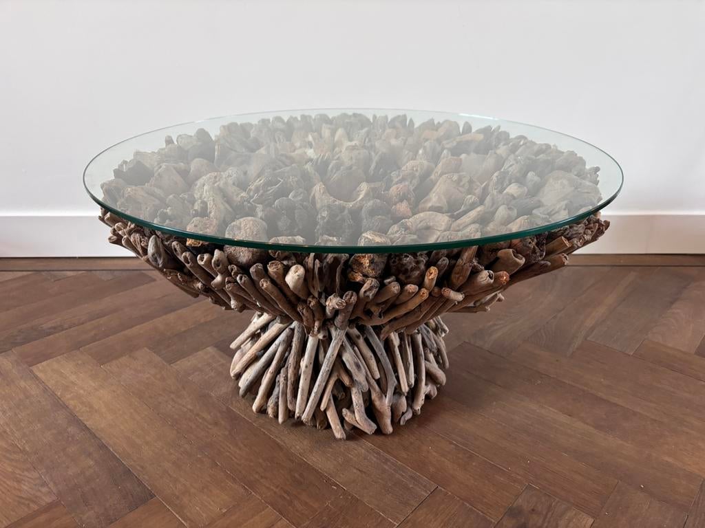 Unieke salontafel van drijfhout en glazen plaat, Huis en Inrichting, Tafels | Salontafels, Ophalen, Zo goed als nieuw, Rond, 50 tot 100 cm
