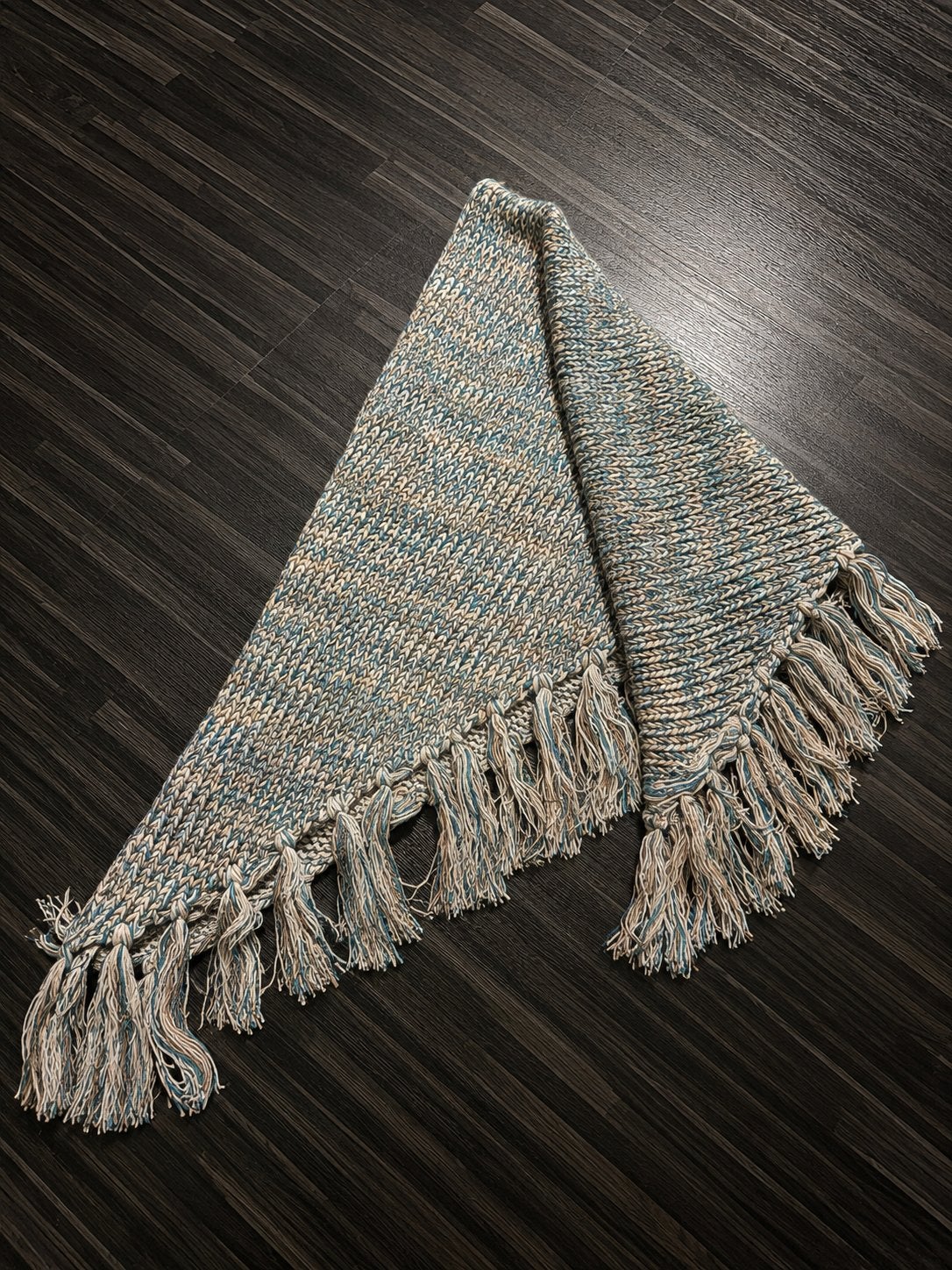 Gebreide plaid met franjes - Blauw/Beige, Ophalen of Verzenden, Gebruikt, Blauw, Overige vormen