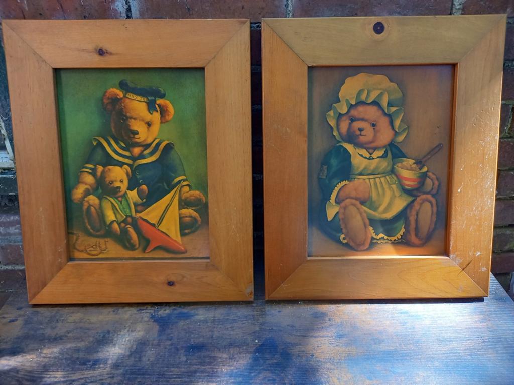2 Vintage Teddybeer Schilderijen in Houten Lijst, Ophalen of Verzenden