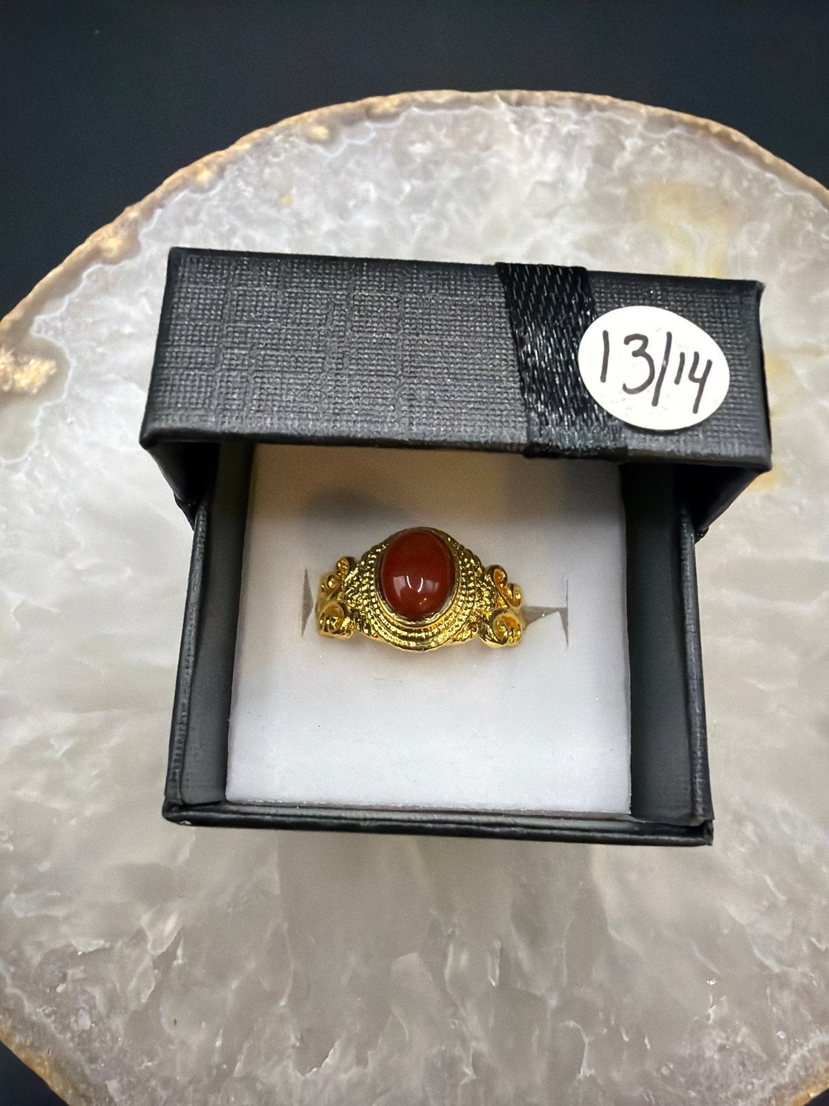 Vergulde Messing Ring met Amber Steen, Overige materialen, Gebruikt, Ophalen of Verzenden, X
