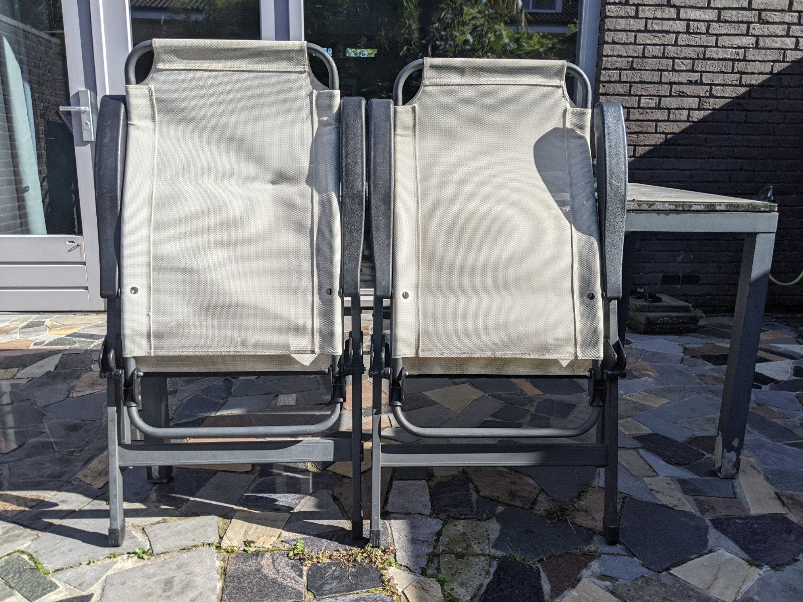 2x Tuinstoel met voetenbank - Verstelbaar en inklapbaar, Ophalen, Gebruikt, Aluminium, Inklapbaar