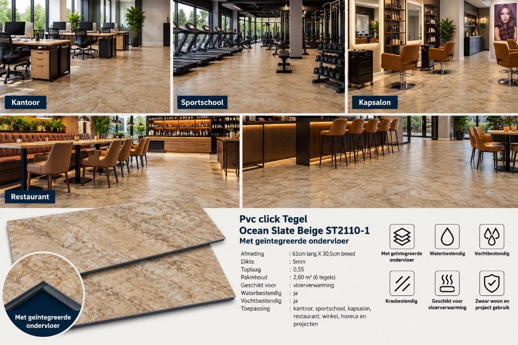 52m2 Pvc click Ocean slate + integreerde ondervloer =€673, Beige, Nieuw, Ophalen of Verzenden, Pvc click tegel traverti slate beige kleur