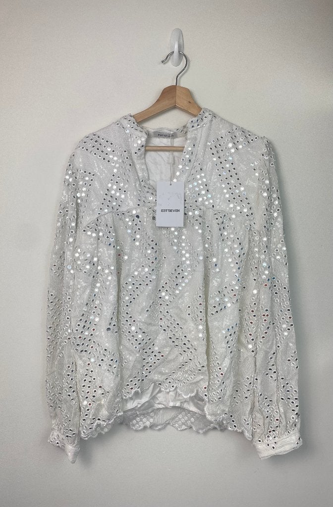 Est’seven Char white mirror blouse S wit zilver lovers, Raasdorperweg 185 N, 1175 KV te Lijnden, Nederland, Est'Seven, Wit, Est'Seven