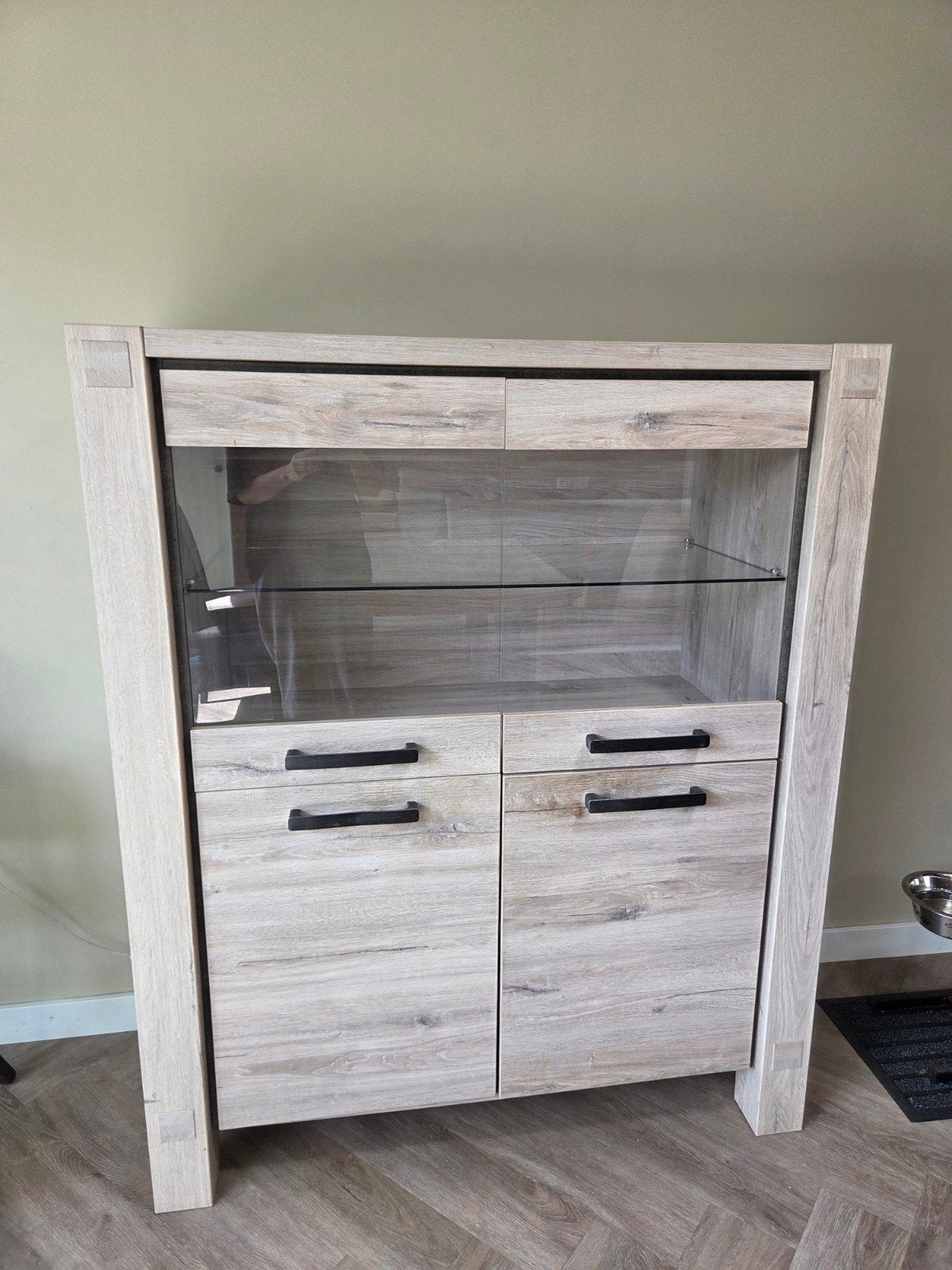 Complete set: Eettafel, Salontafel, TV-Meubel, Vitri, Ophalen, Gebruikt, 100 tot 150 cm, Glas