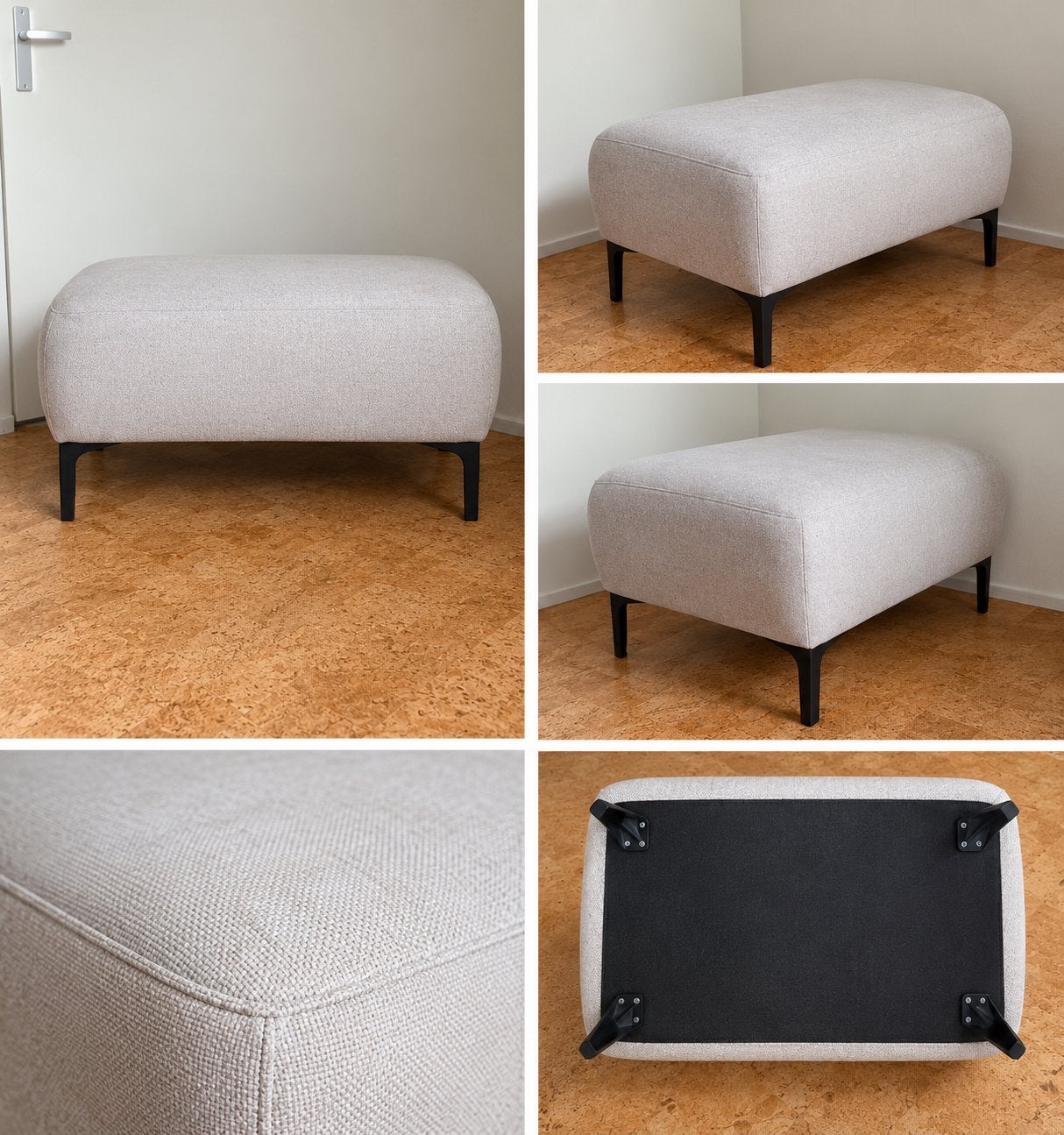 Stijlvolle beige poef met zwarte poten, Huis en Inrichting, 100 tot 125 cm, Ophalen of Verzenden, Zo goed als nieuw, 75 tot 100 cm