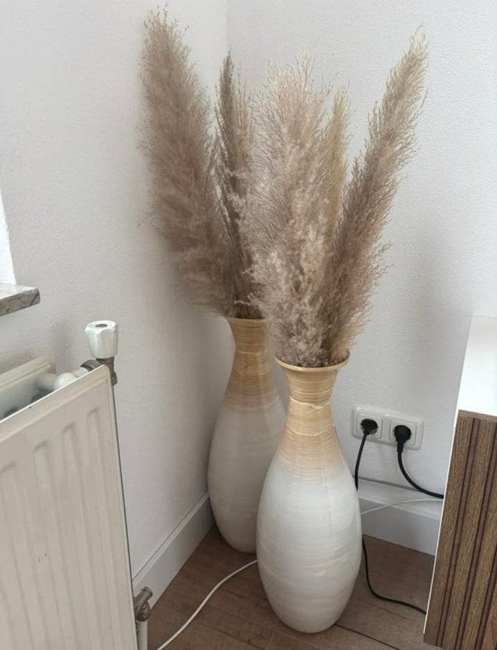 2 bamboe vazen met pluimen, Ophalen, Zo goed als nieuw