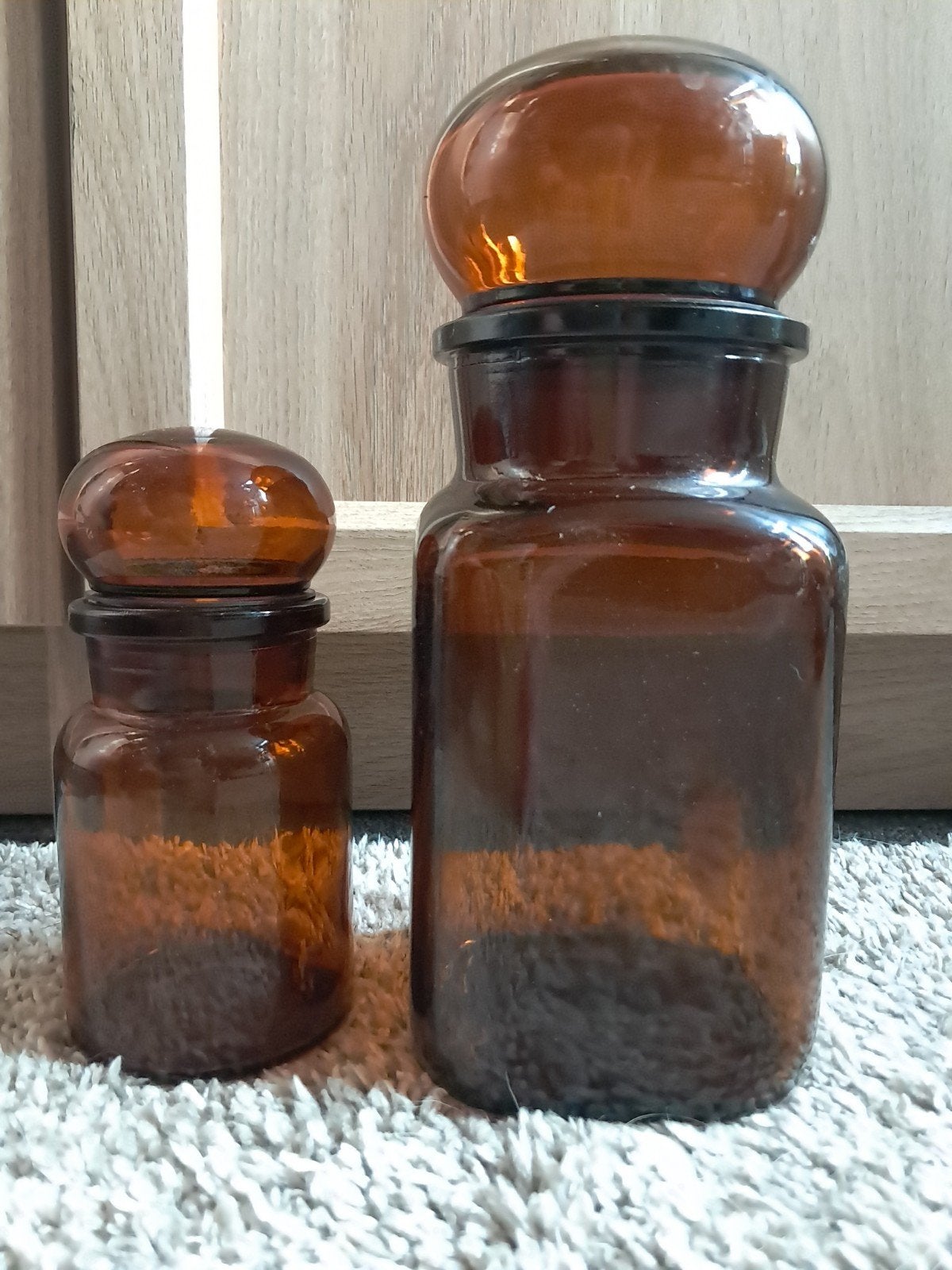 Set van 2 Vintage Apothekerspotten - Amber Glas, Ophalen