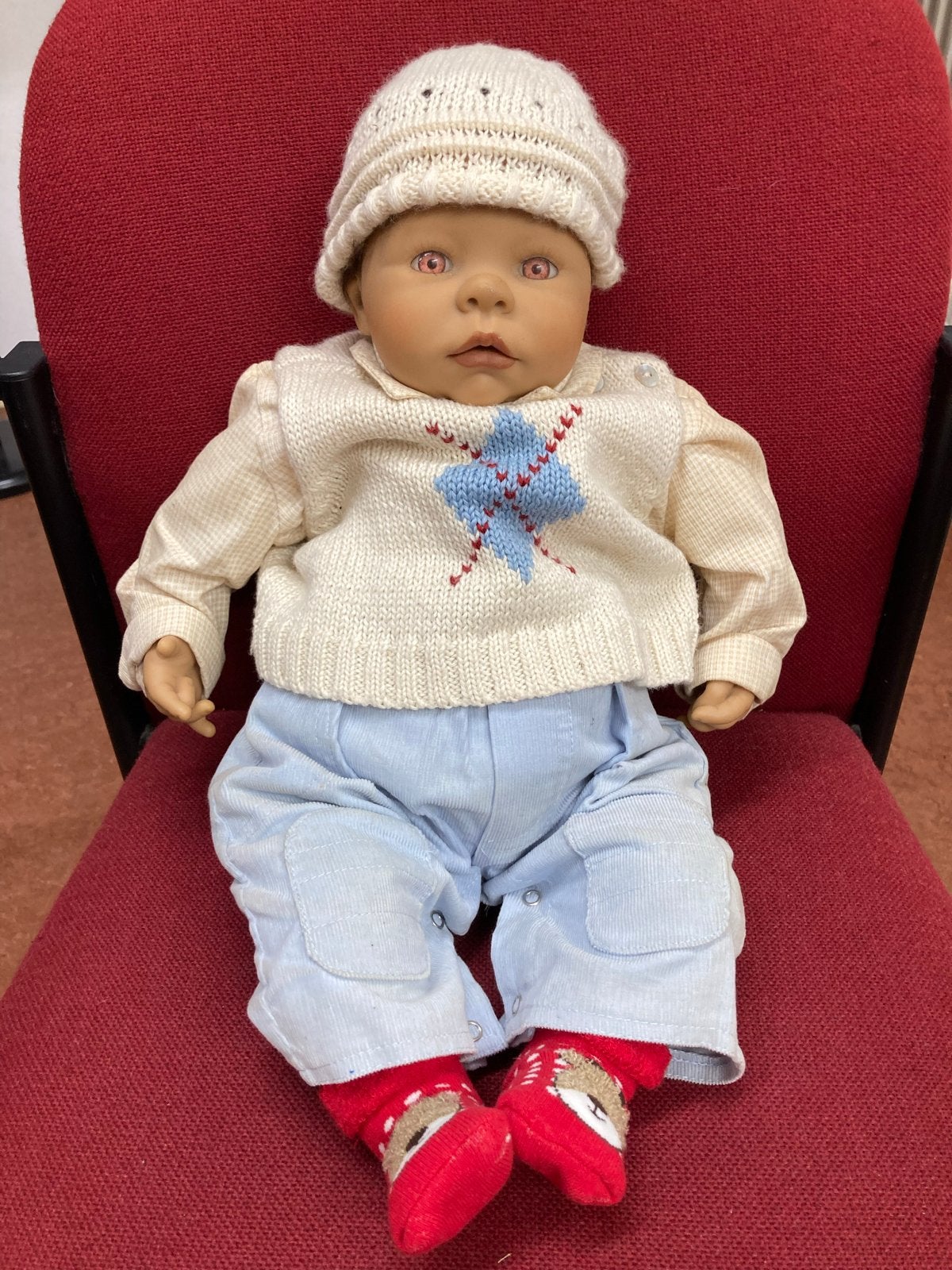 Vintage Babypop met gebreide kleding, Ophalen, Gebruikt, ., Levensecht of Reborn