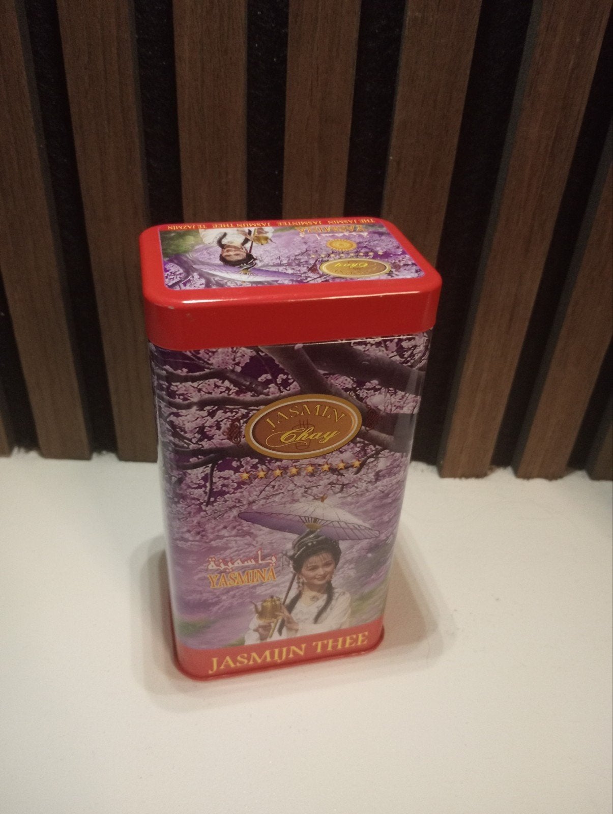 Leeg blik Jasmijn Thee - Decoratief bewaarblik, Ophalen of Verzenden, Gebruikt, Overige, Overige merken