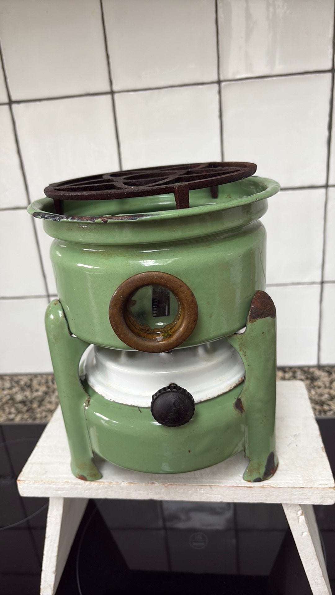 PETROLEUMSTEL GROEN/WIT EMAILLE, Antiek en Kunst, Ophalen of Verzenden