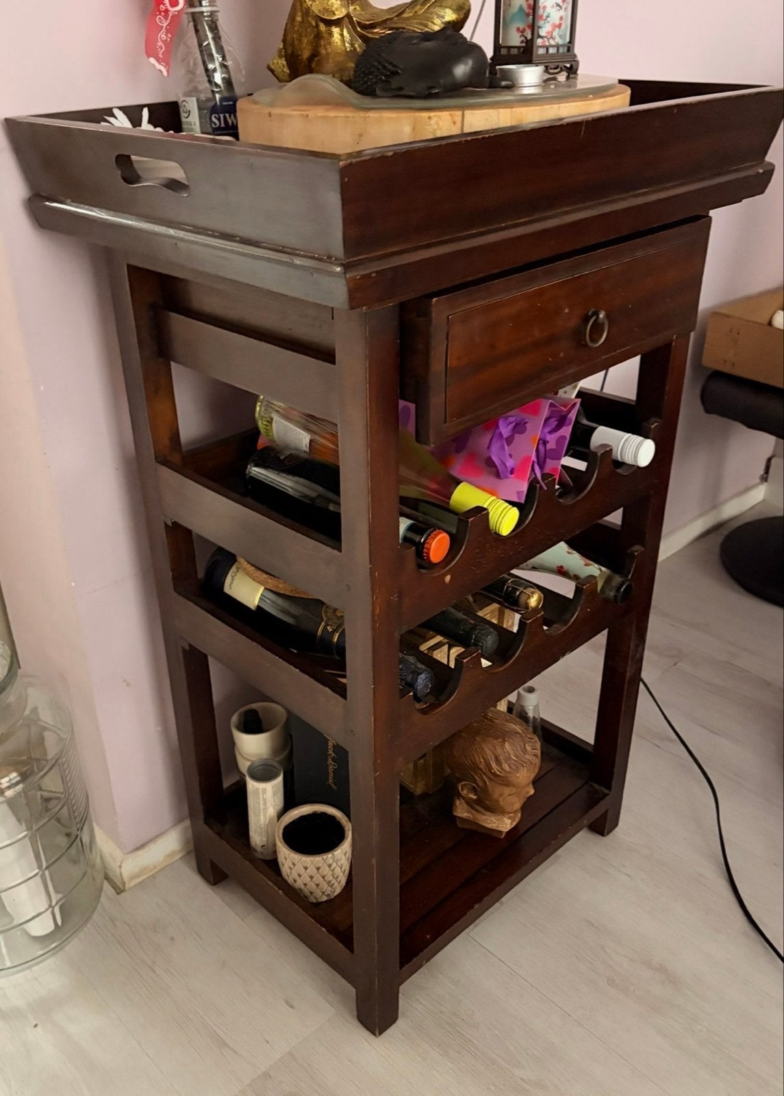 Houten wijnrek met lade en dienblad, Ophalen, Gebruikt, 5 tot 15 flessen, 75 – 100