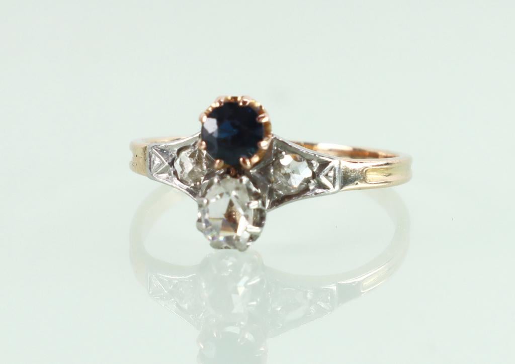 Antieke goud met platina ring saffier roosdiamant, Ophalen of Verzenden, Goud, Ring, Met edelsteen