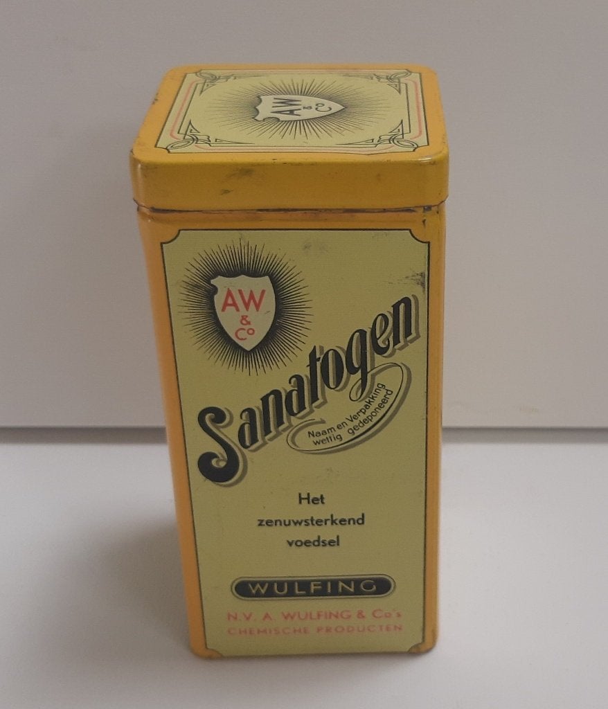 e013-Zeldzaam mooi blikje Sanatogen, geel van kleur., Verzamelen, Verzenden, Zo goed als nieuw, Overige, Overige merken