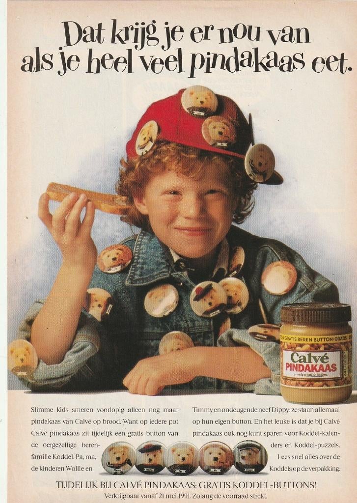 Retro reclame 1991 Calvé pindakaas jongetje met berenbuttons, Verzenden, Overige typen