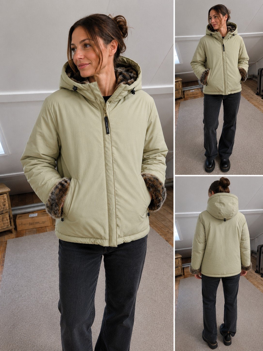 Woolrich Down Jacket - Beige met Bontdetails, Maat L, Beige, Maat 42/44 (L), Ophalen of Verzenden, Woolrich
