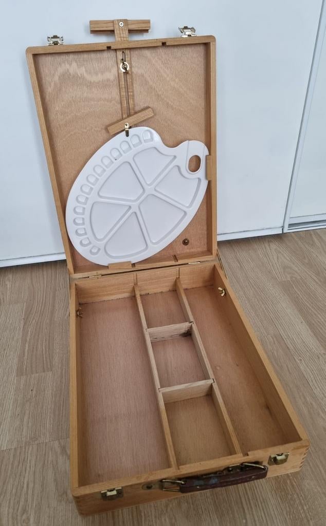 Houten verstelbare tafelezel met opbergruimte en pallet, Ophalen of Verzenden, Gebruikt, Ezel