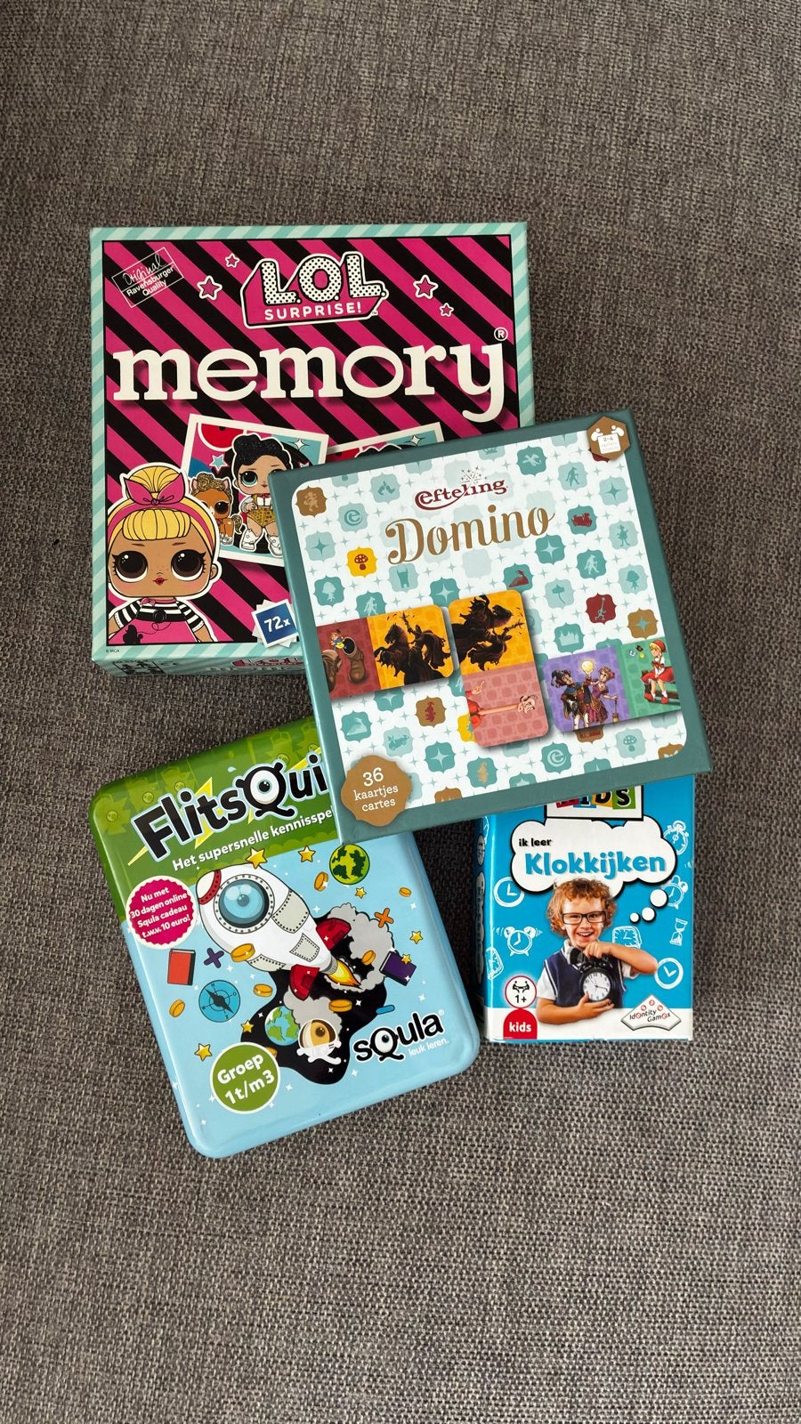 Bordspellenpakket: LOL Memory, Efteling Domino, FlitsQui, Kl, Een of twee spelers, Ophalen of Verzenden, Gebruikt