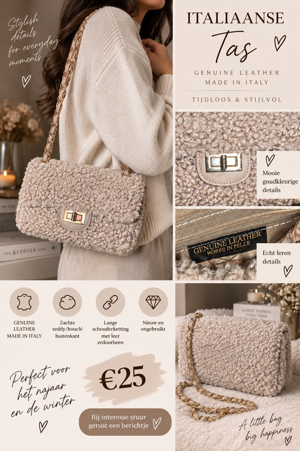 Nieuwe Italiaanse Teddy/Bouclé Tas - Beige/Crème, Sieraden, Tassen en Uiterlijk, Ophalen of Verzenden